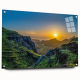Acrylic glass wall art design showcasing a stunning mountain landscape, displayed from a side view with decorative pins. Perfect for enhancing modern decor.