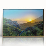Framed wall art featuring a stunning mountain landscape design with rich gold accents, perfect for enhancing modern home decor and creating a serene atmosphere. The acrylic front adds a sleek finish, ideal for living room or office settings.