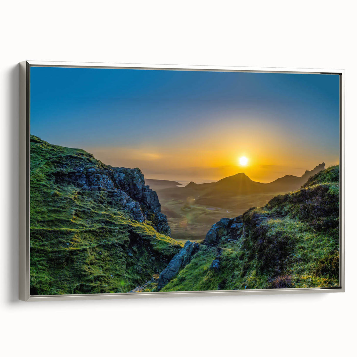 Framed canvas wall art featuring a stunning mountain landscape design with vibrant colors and silver accents, ideal for home decor and nature lovers.