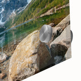 Acrylic glass artwork showcasing a vibrant mountain landscape design with rich colors and intricate details, ideal for home decor and art collections.