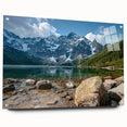 Acrylic wall art showcasing a vibrant mountain landscape design displayed from a side view, featuring polished edges and stylish pins for easy hanging, perfect for home decor.