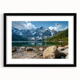Framed black wall art featuring a scenic mountain landscape design, showcasing vibrant colors and intricate details, perfect for home decor.