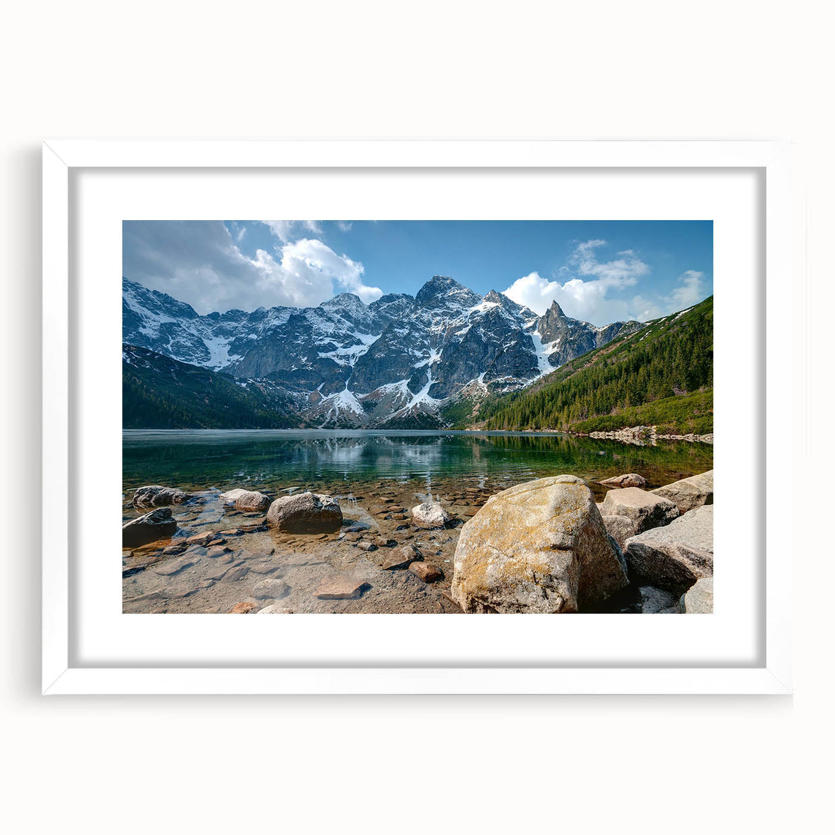 Framed wall art collection showcasing a serene mountain landscape design with a white mat, ideal for enhancing home decor in living spaces or offices.