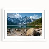 Framed wall art collection showcasing a serene mountain landscape design with a white mat, ideal for enhancing home decor in living spaces or offices.