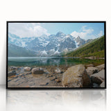 Framed wall art collection showcasing a stunning mountain landscape design, featuring black acrylic framing and vibrant colors that enhance any decor style.