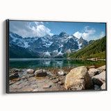 Framed canvas artwork showcasing a stunning mountain landscape design, featuring vibrant colors and intricate details, set against a sleek black frame, ideal for home decor.