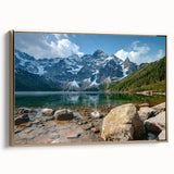 Framed canvas wall art showcasing a vibrant mountain landscape design with gold accents, ideal for home decor, highlighting natural beauty and tranquility.