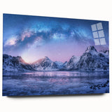Acrylic glass wall art collection showcasing a stunning mountain landscape design in vibrant colors, viewed from the side without pins, perfect for home decor.