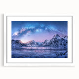 Framed wall art featuring a stunning mountain landscape design with vibrant colors, displayed in a sleek white frame with a mat. Ideal for home decor.