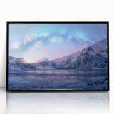 Framed acrylic wall art featuring a stunning mountain landscape design, with a sleek black frame, perfect for modern home decor. Ideal for nature enthusiasts.