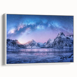 Framed canvas wall art featuring a serene mountain landscape design, showcasing soft blue and green hues, ideal for home decor and nature-inspired interiors.