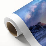 Mountain landscape wall art in vibrant colors, showcasing towering peaks and lush valleys, printed on high-quality rolled canvas, perfect for home decor.