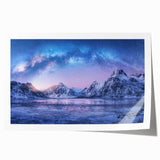 Vibrant rolled print of a serene mountain landscape showcasing majestic peaks under a clear blue sky, perfect for enhancing home décor. Ideal for nature enthusiasts.
