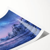 Stunning wall art print showcasing a serene mountain landscape with vibrant blue skies and lush greenery, rolled and ready for display in a stylish home decor setting.