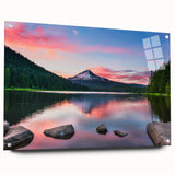 Acrylic glass wall art featuring a stunning mountain landscape design, displaying vibrant colors and intricate details, mounted on a sturdy frame with pins for easy display.