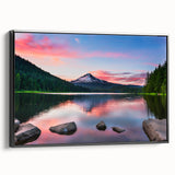 Framed canvas wall art showcasing a stunning mountain landscape design, featuring vibrant colors and intricate details on a black frame, ideal for home decor.
