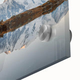 Close-up of a vibrant acrylic glass wall art piece showcasing a stunning mountain landscape design, emphasizing rich colors and intricate details, perfect for modern home decor.