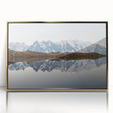 Framed acrylic wall art featuring a stunning mountain landscape design with gold accents, ideal for modern home decor. Perfect for adding a touch of elegance.