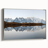 Framed canvas wall art showcasing a stunning mountain landscape design, featuring silver accents and a sleek side view, perfect for modern home decor.