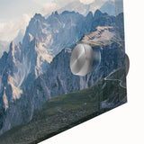 Close-up of a vibrant acrylic glass wall art piece showcasing a stunning mountain landscape design, featuring rich colors and intricate details, perfect for home decor.