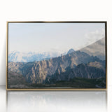 Framed acrylic wall art showcasing a stunning mountain landscape design with gold accents, ideal for modern home decor and nature enthusiasts.