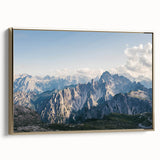 Framed canvas wall art showcasing a stunning mountain landscape design with vibrant colors and gold accents, ideal for home decor enthusiasts seeking nature-inspired aesthetics.