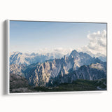 Framed canvas wall art showcasing a serene mountain landscape design, featuring soft pastel colors and intricate details, ideal for home decor enhancement.