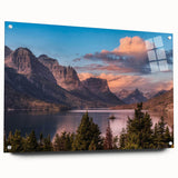 Acrylic glass wall art collection showcasing a stunning mountain landscape design, viewed from the side with stylish pins for display, perfect for home decor.