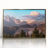 Framed acrylic wall art showcasing a stunning mountain landscape with rich gold accents, designed to enhance modern home decor. Ideal for nature lovers and art enthusiasts.