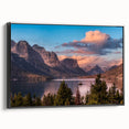 Framed canvas wall art showcasing a stunning mountain landscape design, featuring vibrant colors and intricate details, perfect for home decor. The artwork is presented in a sleek black frame, adding elegance to any room.