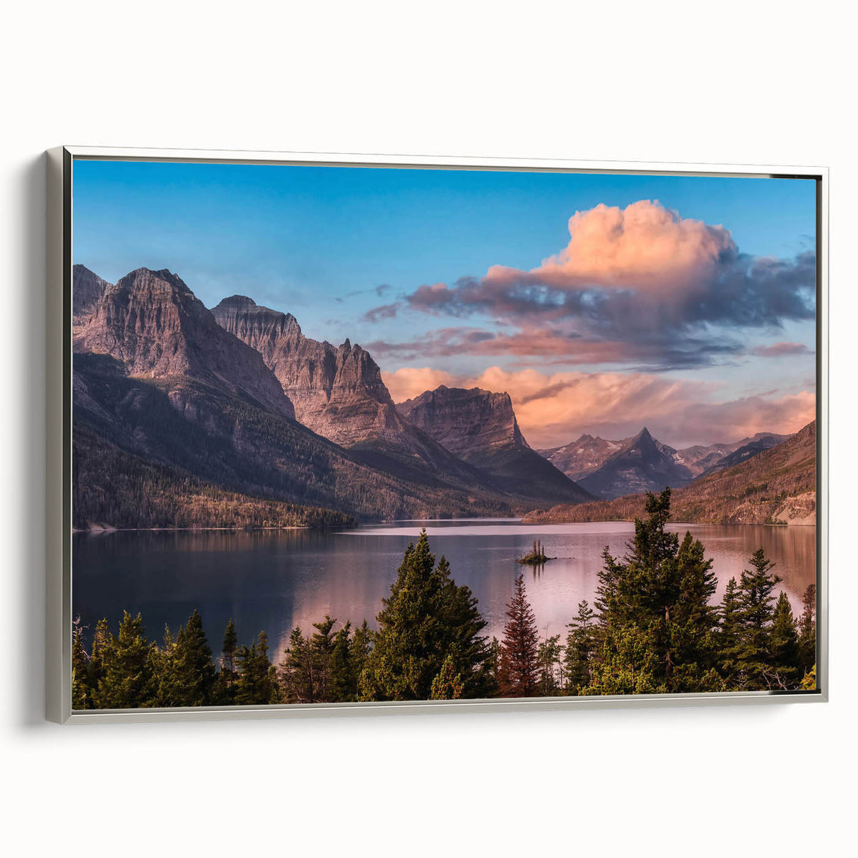 Framed canvas wall art showcasing a stunning mountain landscape design with silver accents, ideal for modern home decor. Perfect for nature lovers and art enthusiasts.