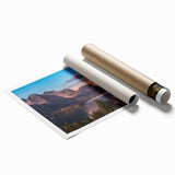 Stunning rolled print of a mountainous landscape design, showcasing vibrant colors and intricate details, perfect for enhancing home decor in any setting.