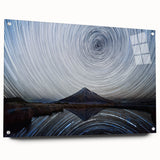 Acrylic glass wall art showcasing a serene mountain landscape design, featuring rich colors and intricate details, displayed on a side view with pins. Perfect for home decor.