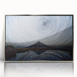 Framed acrylic wall art featuring a stunning mountain landscape design, showcasing silver accents and a sleek front view, perfect for home decor enhancement.