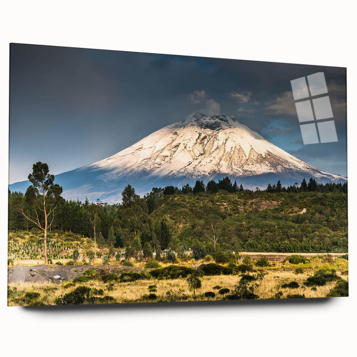 Acrylic glass wall art collection showcasing a stunning mountain landscape design, viewed from the side with a sleek finish, ideal for modern home decor.