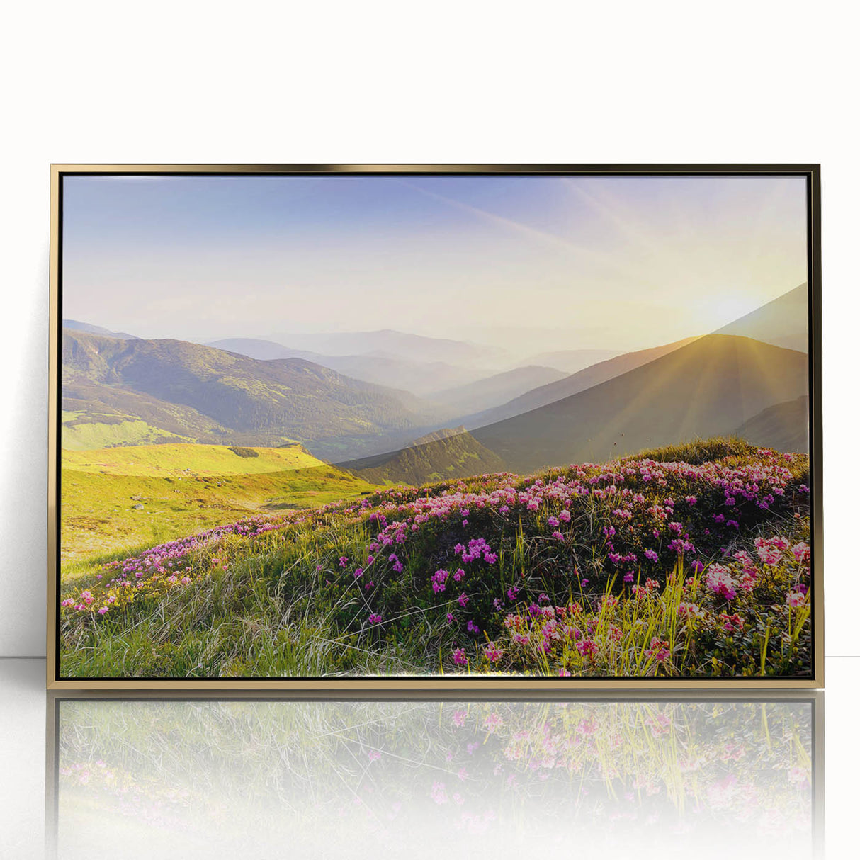 Framed wall art collection featuring a stunning mountain landscape design with gold accents, perfect for enhancing modern home decor. The artwork showcases vibrant colors and intricate details that bring nature indoors, ideal for living rooms or offices.