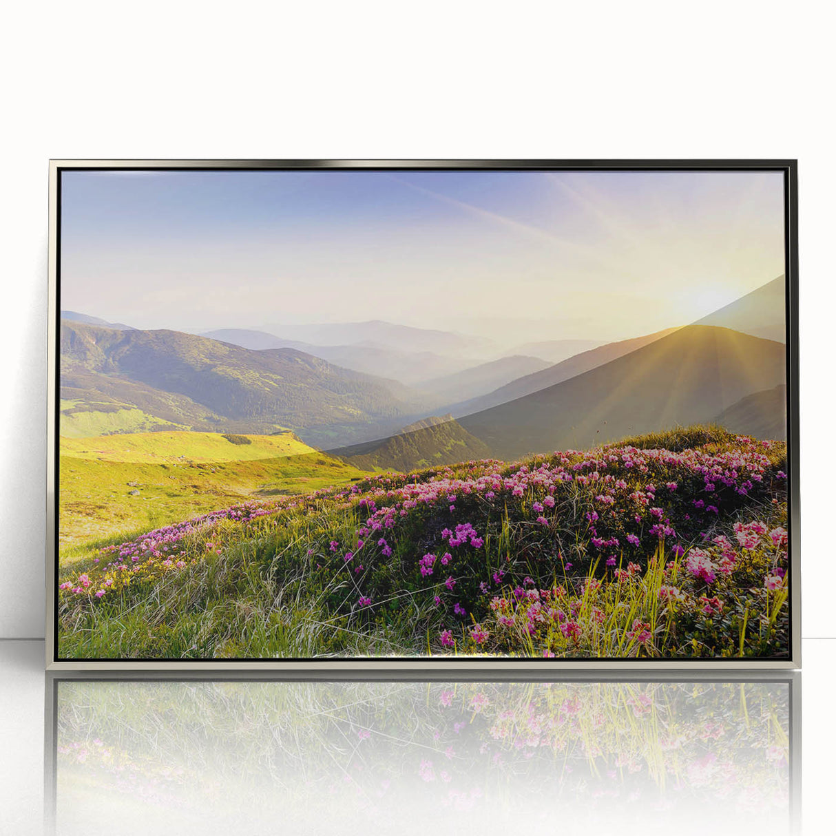 Framed acrylic wall art showcasing a stunning mountain landscape design with silver accents, perfect for enhancing modern décor and adding a serene touch to any room.