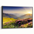 Framed canvas wall art showcasing a stunning mountain landscape design with vibrant colors, set against a sleek black frame, perfect for home decor.