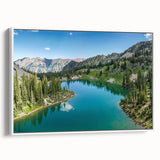 Framed canvas wall art showcasing a stunning mountain landscape design with vibrant colors, set in a sleek white frame, perfect for modern home decor.