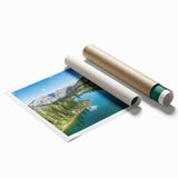 Vibrant rolled print of a mountain landscape design, showcasing rich blues and greens, perfect for home decor. Packaged in a protective cardboard tube.