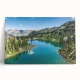 Stretched canvas wall art showcasing a serene mountain landscape, featuring deep greens and blues, perfect for home decor or office aesthetics. Ideal for nature lovers.