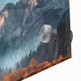 Close-up view of a vibrant acrylic glass wall art piece showcasing a majestic mountain landscape, featuring rich colors and intricate details, perfect for interior decor.