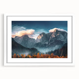 Framed landscape wall art collection showcasing majestic mountains in a serene setting, featuring a white mat and sleek frame, perfect for home decor.