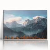 Framed wall art featuring a stunning mountain landscape design, displayed in a sleek white frame with an acrylic front, perfect for enhancing home décor.