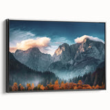 Framed canvas wall art showcasing a serene mountain landscape design, featuring soft blue and green hues with a sleek black frame, ideal for home decor enhancement.