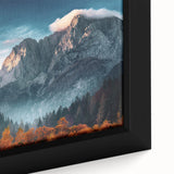 Framed canvas wall art showcasing a close-up view of a breathtaking mountain landscape, highlighting intricate details of the peaks and vibrant colors, perfect for home decor enthusiasts.