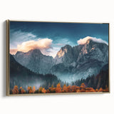 Framed canvas wall art featuring a stunning mountain landscape design, accented with elegant gold framing, ideal for modern home decor and nature enthusiasts.