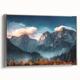 Framed canvas wall art showcasing a stunning mountain landscape design with silver accents, perfect for modern home decor, adding elegance to any space.