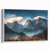 Framed canvas wall art depicting a serene mountain landscape with vibrant blue skies and lush greenery, showcasing a modern design ideal for home decor.
