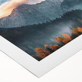 Vibrant rolled canvas artwork depicting a serene mountain landscape with lush greenery and a bright blue sky, perfect for home decor.